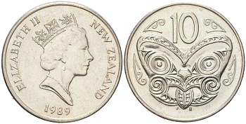 Новая Зеландия 10 центов 1989 Елизавета II (1952-2022), маска маори KM 41 медно-никель UNC 4132-734