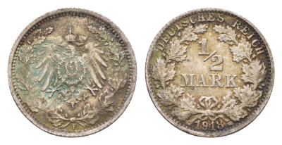 Германия 1/2 марки 1918 F KM 14, J. 17 серебро 4164-1058