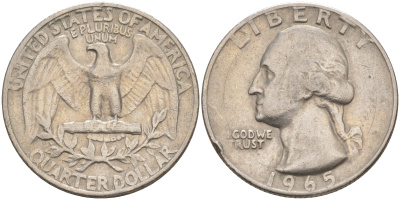 США 25 центов (квотер) 1965 Вашингтон KM 164a медь плакированная медно-никелем 08-435