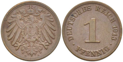 ГЕРМАНИЯ 1 ПФЕННИГ 1913 A KM 10, J. 10, Weege 2 медь 211-467