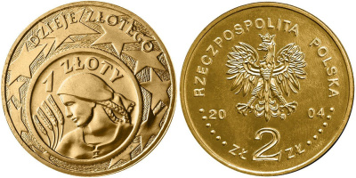 Польша 2 злотых 2004 MW, история злотого, монета на монете KM 479 нордик UNC 4448-526