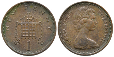 Великобритания 1 пенни 1971 Елизавета II (1952-2022) KM 915, Spink 4237 (B1) бронза 3458-1144