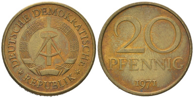 ГДР 20 пфеннигов 1971 KM 11 латунь aUNC 4577-1256