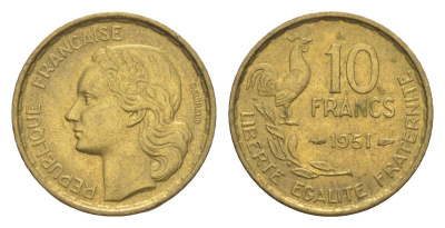 Франция 10 франков 1951 KM 915 алюминиевая бронза UNC 83-732