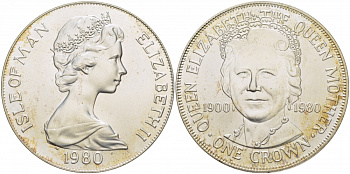 Остров Мэн 1 крона 1980 80 лет королеве Елизавете, королеве-матери KM 68a серебро UNC 01-076-15