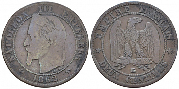 ФРАНЦИЯ 2 САНТИМА 1862 K, НАПОЛЕОН III (1852-1870) KM 796.6 бронза 116-748