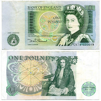 Англия 1 фунт ND (1978-1984) сэр Исаак Ньютон, черная подпись D.H.F. Somerset Pick 377 b бумага 7218-23-3