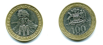 Чили 100 песо 2010 индейцы Мапуче KM 236 биметалл 29-1241