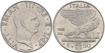 ИТАЛИЯ 50 ЧЕНТЕЗИМО 1941 R, ГОД XIX, ВИКТОР ЭММАНУИЛ III (1900-1946) KM 76b, VEM3. 1063 нержавеющая сталь 3853-333