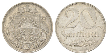 Латвия 20 сантимов 1922 KM 5 никель 4625-544