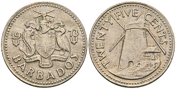 Барбадос 25 центов 1973 ветряная мельница Моргана Льюиса KM 13 медно-никель 87-126