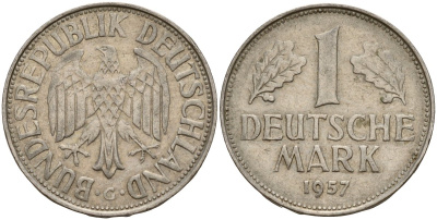 ФРГ 1 марка 1957 G KM 110, J. 385 медно-никель 4187-1115