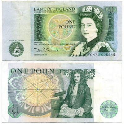 Англия 1 фунт ND (1978-1984) сэр Исаак Ньютон, черная подпись D.H.F. Somerset Pick 377 b бумага 7218-23-3