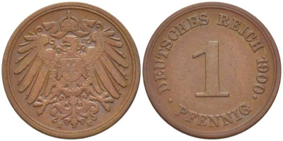 ГЕРМАНИЯ 1 ПФЕННИГ 1900 E KM 10, J. 10, Weege 2 медь 211-247