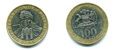 Чили 100 песо 2010 индейцы Мапуче KM 236 биметалл 29-1241