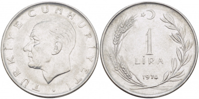 Турция 1 лира 1974 Мустафа Кемаль Ататюрк KM 889а.2 нержавеющая сталь 4529-1234