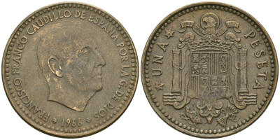 Испания 1 песета 1966 (67) Франциско Франко KM 796 алюминиевая бронза 4579-145