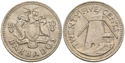 Барбадос 25 центов 1973 ветряная мельница Моргана Льюиса KM 13 медно-никель 87-126