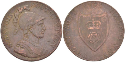Великобритания 1/2 пенни 1791 Хэмпшир - Портсмут, бюст сэра Бэв из Антона Dalton & Hamer 89 медь 1518-1522