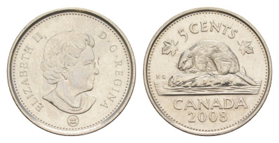 Канада 5 центов 2008 Leaf, Елизавета II (1952-2022), бобр KM 491 сталь плакированная никелем UNC 4630-764