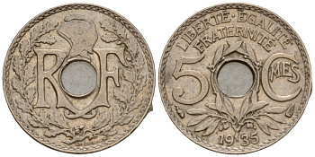 Франция 5 сантимов 1935 KM 875 медно-никель 4602-161