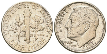 США 10 центов (дайм) 1961 D, президент Рузвельт KM 195 серебро 4549-855