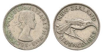 Новая Зеландия 6 пенсов 1953 Елизавета II (1952-2022), разноклювая гуйя KM 26.1 медно-никель 4669-615