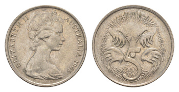 Австралия 5 центов 1966 Елизавета II (1952-2022) молодой портрет, ехидна KM 64 медно-никель 4151-323