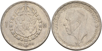 Швеция 1 крона 1944 G, Густав V (1907-1950) KM 814 серебро 4148-1016