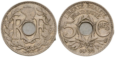 Франция 5 сантимов 1935 KM 875 медно-никель 4602-161