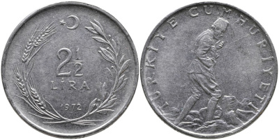 ТУРЦИЯ 2 1/2 ЛИРЫ 1972 KM 893.2 нержавеющая сталь 29-626