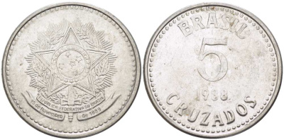 Бразилия 5 крузадо 1988 реформа 1986-1989 KM 606 нержавеющая сталь 67-717