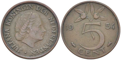 НИДЕРЛАНДЫ 5 ЦЕНТОВ 1954 ЮЛИАНА (1948-1980) KM 181 бронза 213-1022