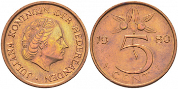 Нидерланды 5 центов 1980 Юлиана (1948-1980) KM 181 бронза 3856-1047