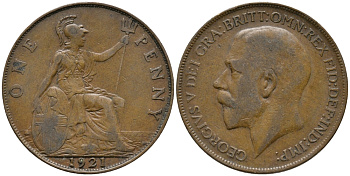 Великобритания 1 пенни 1921 Георг V (1910-1936) KM 810, Spink 4051 бронза 32-841