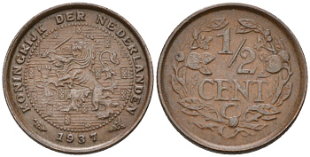 Нидерланды 1/2 цента 1937 Вильгельмина (1890-1948) KM 138 бронза 4576-423