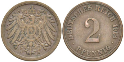 Германия 2 пфеннига 1913 A KM 16, J. 11, Weege 4 медь 212-415