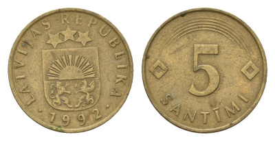 Латвия 5 сантимов 1992 KM 16 никель латунь 105-623