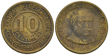 Перу 10 сентимо 1985 LIMA, Мигель Грау Семинарио KM 293, Schon 94 латунь 4623-335