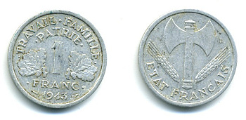 ФРАНЦИЯ 1 ФРАНК 1943 LB, ТИП LEGERE, ПРАВИТЕЛЬСТВО ВИШИ KM 902.1, LE FRANC 223.3 алюминий 84-237