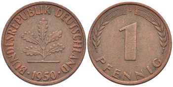 ФРГ 1 ПФЕННИГ 1950 J KM 105, J. 380 сталь плакированная медью 116-341