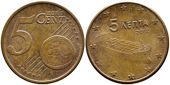 ГРЕЦИЯ 5 ЕВРОЦЕНТОВ 2002 KM 183 сталь плакированная медью 4390-1136