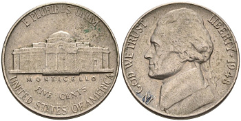 США 5 центов 1948 Джефферсон KM А192 медно-никель 92-957