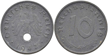 ГЕРМАНИЯ 10 РЕЙХСПФЕННИГОВ 1942 A KM 101, J. 371 цинк 212-726