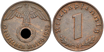 Германия 1 рейхспфенниг 1939 J, KM 89 бронза 3955-451