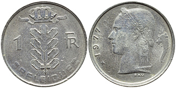 Бельгия 1 франк 1977 Belgique, Бодуэн I (1951-1993) KM 142.1 медно-никель 4379-1432