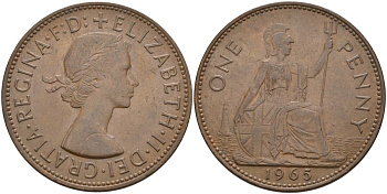 Великобритания 1 пенни 1965 Елизавета II (1952-2022) КМ 897, Spink 4157 бронза 4149-823