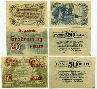 Австрия, Гросраминг набор из 3 банкнот 10, 20, 50 геллеров 1920 31 декабря 1920, нотгельд, коммуна в земле Верхняя Австрия   бумага  UNC (пресс) 7555-22-2-2