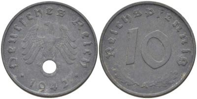 ГЕРМАНИЯ 10 РЕЙХСПФЕННИГОВ 1942 A KM 101, J. 371 цинк 212-726