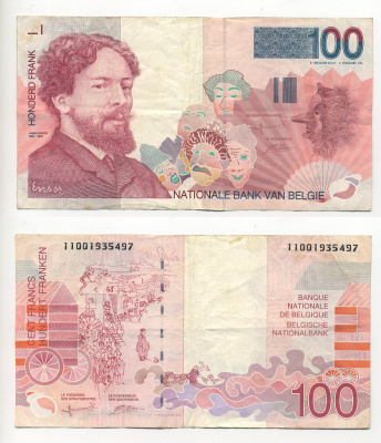 БЕЛЬГИЯ 100 ФРАНКОВ 1995-2001 ПОДПИСЬ (5 И 15), ХУДОЖНИК ДЖЕЙМС ЭНСОР Pick 147 бумага 7203-48-3